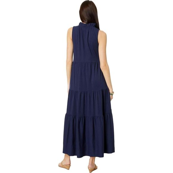 Lilly Pulitzer Malone Maxi Dress Small Navy Blue Tiered Skirt Tassel Resort Wear - Picture 3 of 8